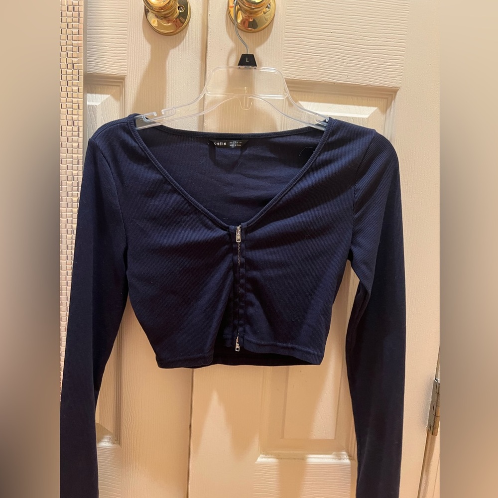 Shein dark blue cropped zip up top